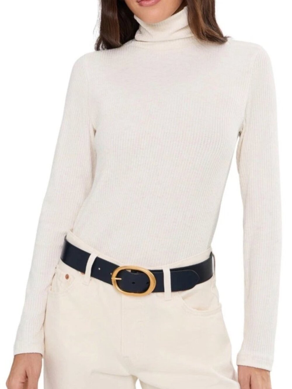 Madewell Heather Cream Drapey Ribbed Coverstitch Turtleneck Top XS NWT